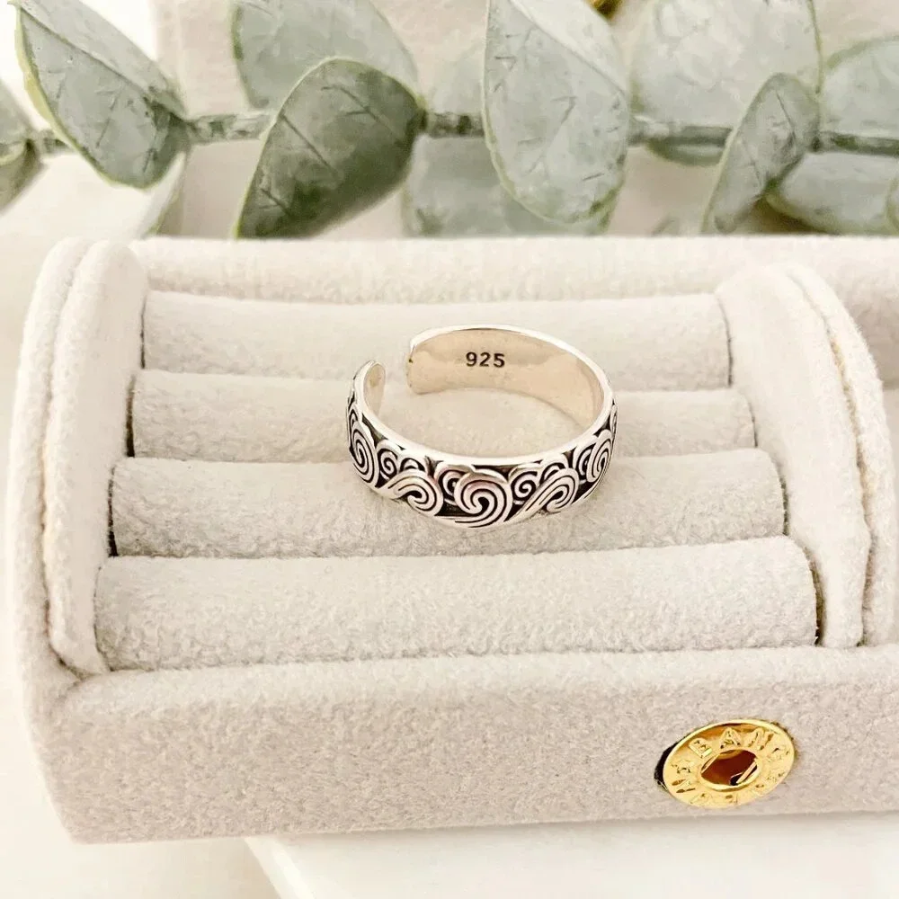 925 Sterling Silver Wave Ring Band Engraved Ring Boho Ring Minimalist Ring